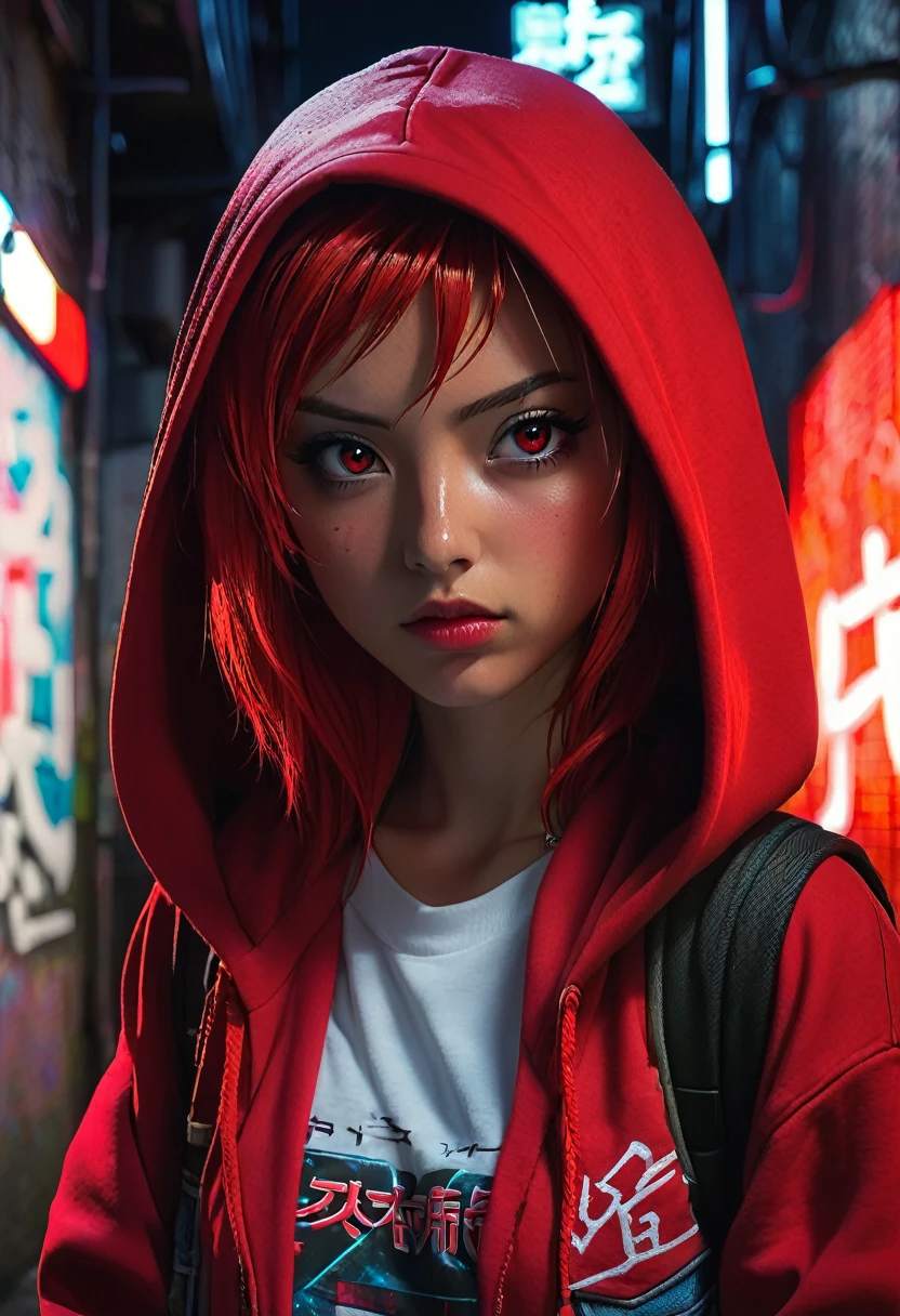 1girl, red hair, red pupils, red bandana on face, red hoodie, wearing the hood, jean shorts, dark alley background, japanese graffiti background, red led background, detailed face, high quality, 8k, photorealistic, dramatic lighting, cinematic, neon lights, moody atmosphere, cyberpunk aesthetic, hyper-detailed