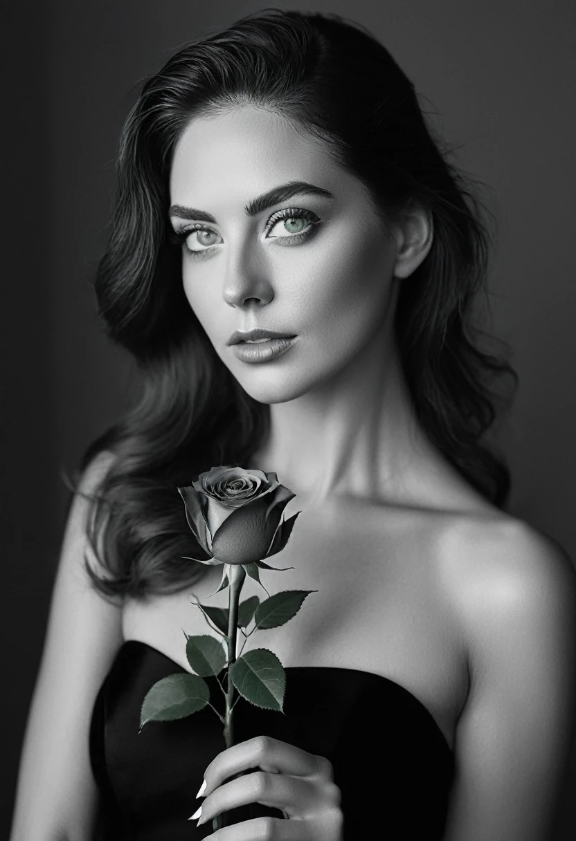 black and white, a woman with green eyes, flawless skin, half body shot, holding a rose, whimsical photography style, captured with an Arriflex 35BL camera using Canon K25 prime lenses, cinematic, dramatic lighting, ultra clear, breathtaking surreal masterpiece.