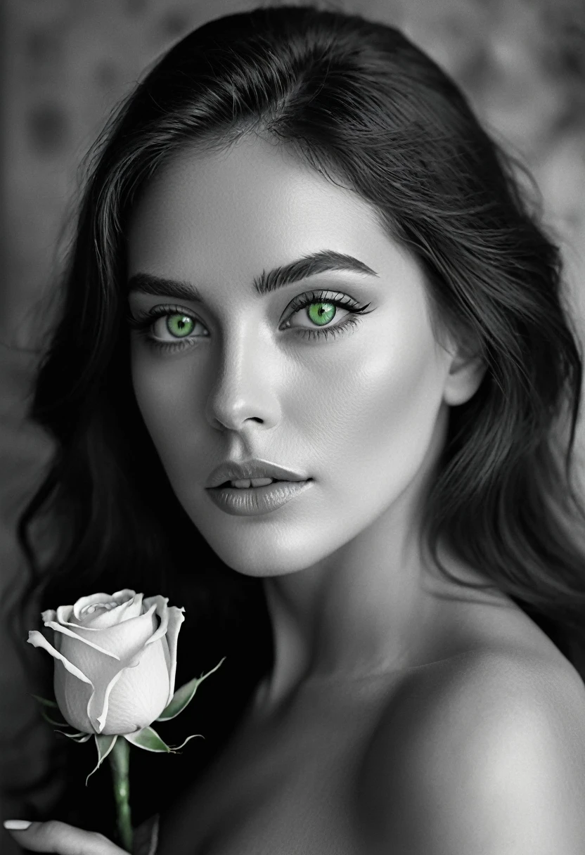 black and white, a woman with green eyes, flawless skin, half body shot, holding a rose, whimsical photography style, captured with an Arriflex 35BL camera using Canon K25 prime lenses, cinematic, dramatic lighting, ultra clear, breathtaking surreal masterpiece.
