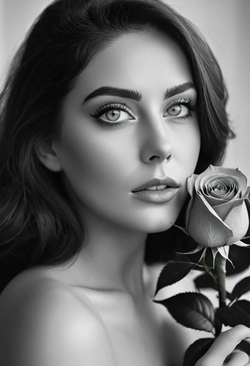 black and white, a woman with  green eyes, flawless skin, half body shot, holding a rose, whimsical photography style, captured with an Arriflex 35BL camera using Canon K25 prime lenses, cinematic, dramatic lighting, ultra clear, breathtaking surreal masterpiece.