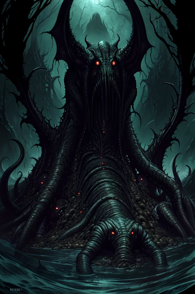 a grotesque mass of writhing flesh, surrounded by a swarm of small fish, creatures, and crawling entities, eldritch, horrific, Lovecraftian style, (best quality,4k,8k,highres,masterpiece:1.2),ultra-detailed,(realistic,photorealistic,photo-realistic:1.37),dark lighting, grim, unsettling, visceral, nightmarish, monstrous, otherworldly, surreal, unsettling atmosphere, sinister, ominous, disturbing, unnatural, grotesque biology, disturbing anatomy, grotesque mutations, sinister creatures, nightmarish entities, Cthulhu mythos, dark fantasy