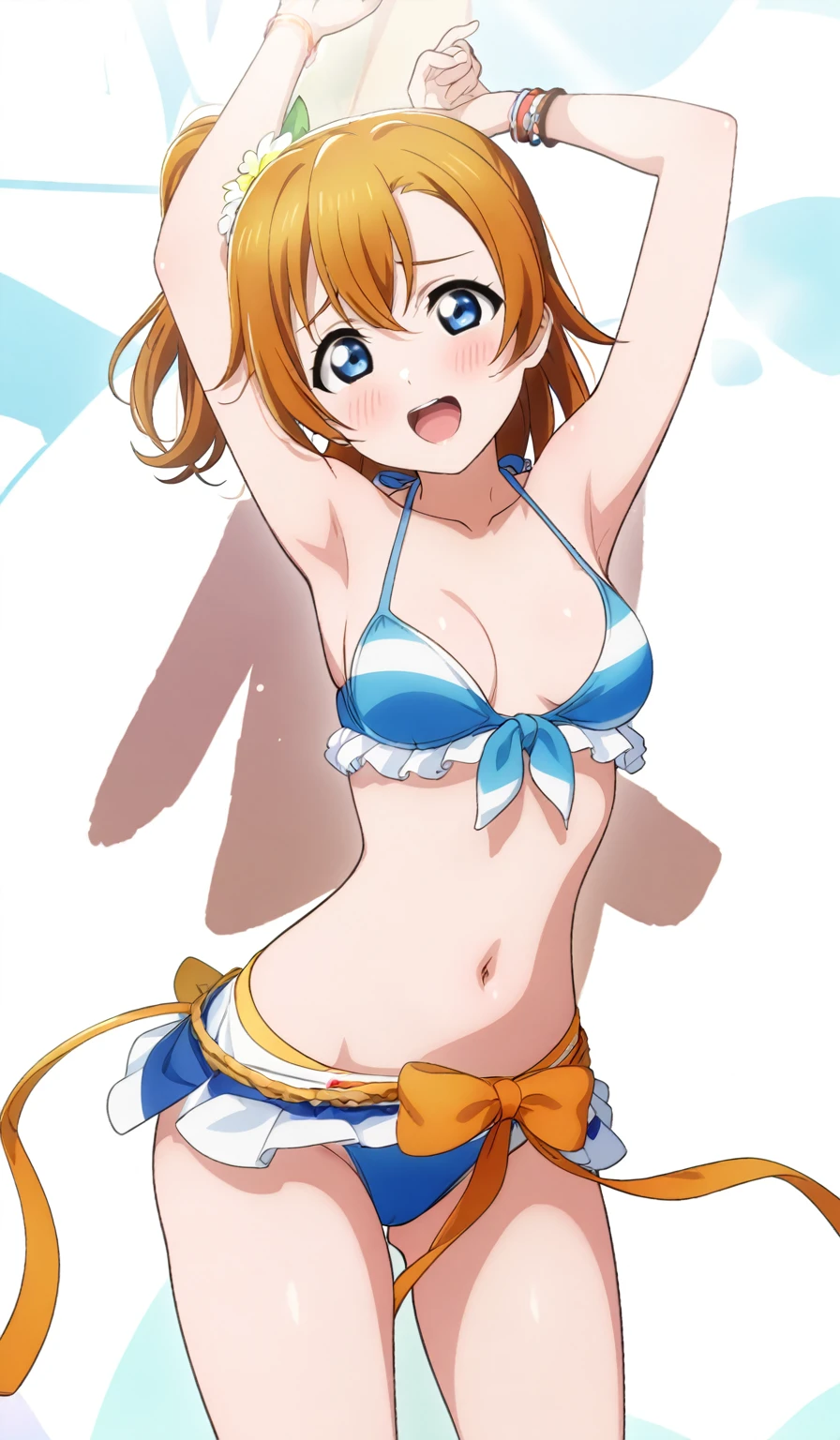 (masterpiece, best quality, highres), 1girl, medium hair, medium breasts, bikini, swimsuit, arms up, hands up, armpits, white background, id_honoka_kosaka, blush, front view