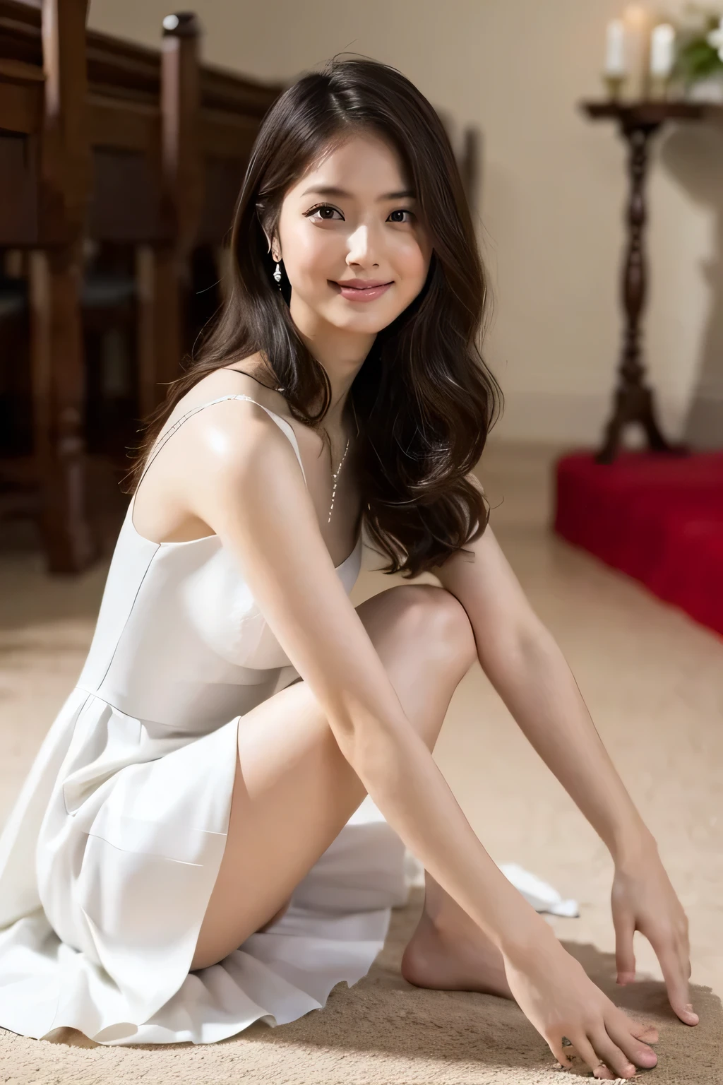 8K RAW Photos, Highest quality, masterpiece, Ultra-high resolution, 3d, Realistic, One girl, Asian, black_hair, length_hair, nose, wedding dress, Natural skin texture, light brown_eye, detailed eyes and face, lips, lipstick, smile, perfect legs,Beautiful feet, Beautiful church location, (Detailed Background), Checked skirt, White shirt, Blurred Background, white dress like a wedding dress,