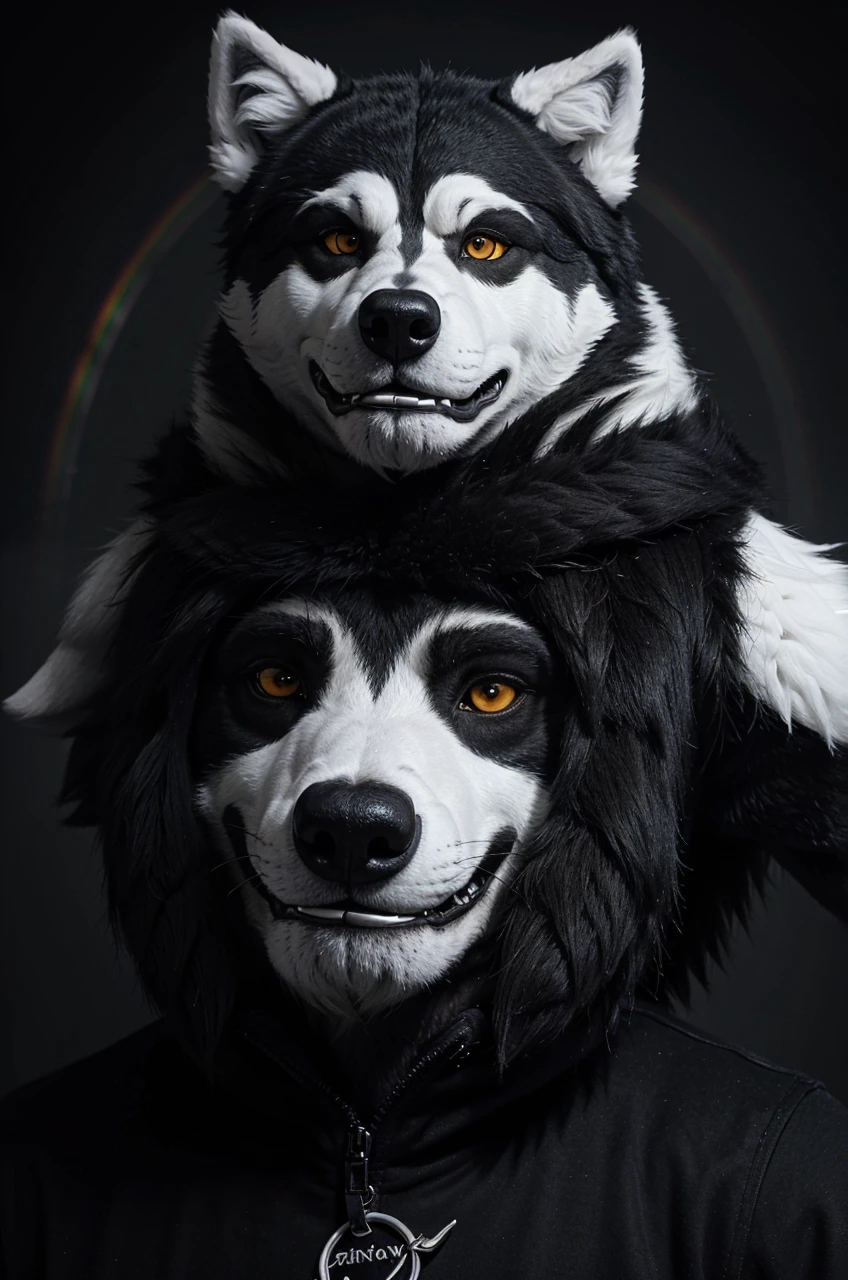 A furry anthropomorphic wolf, men, big, tall, fur color black and white with some rainbow details, drawing style