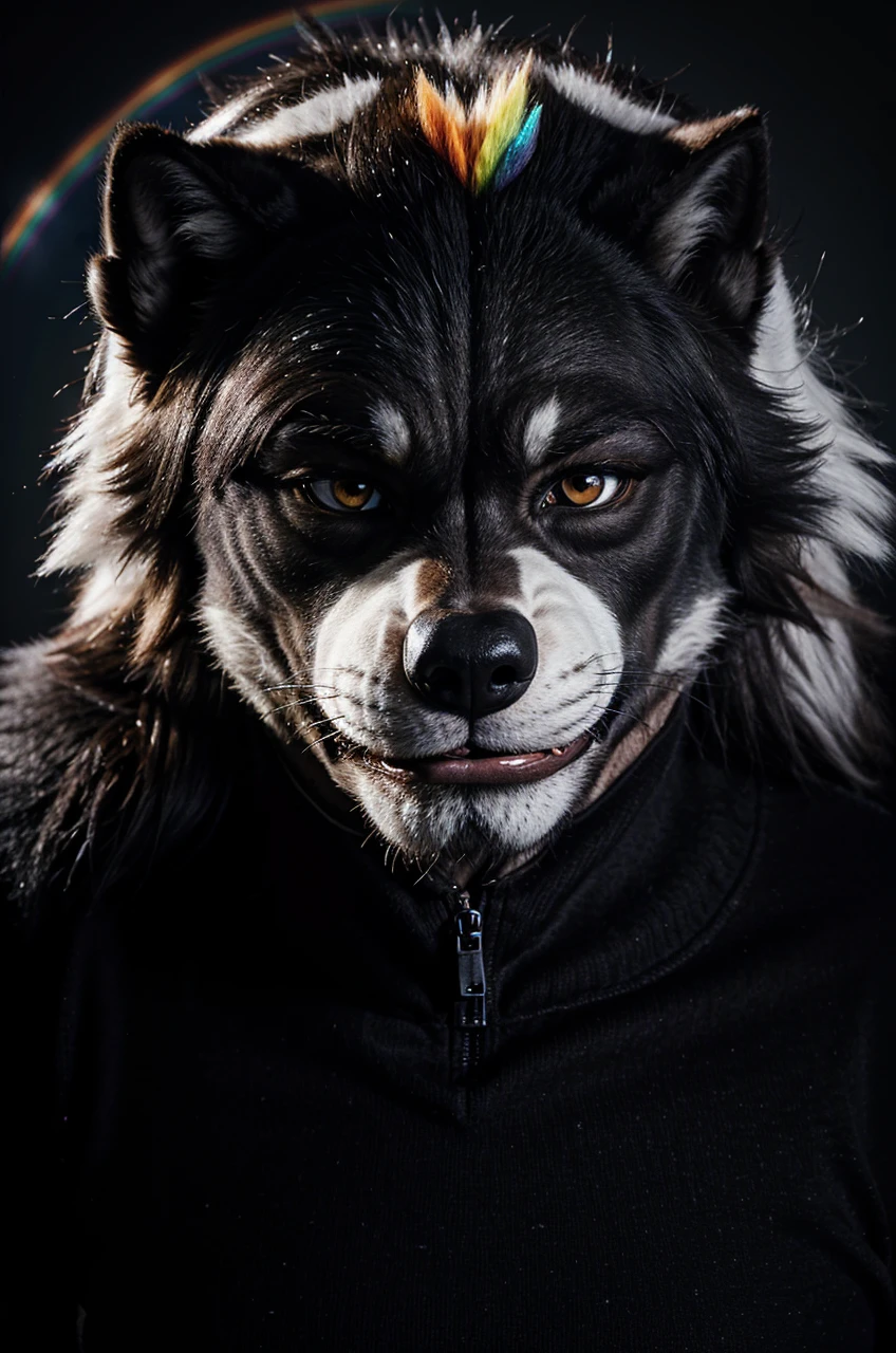 A furry anthropomorphic wolf, men, big, tall, fur color black and white with some rainbow details, drawing style