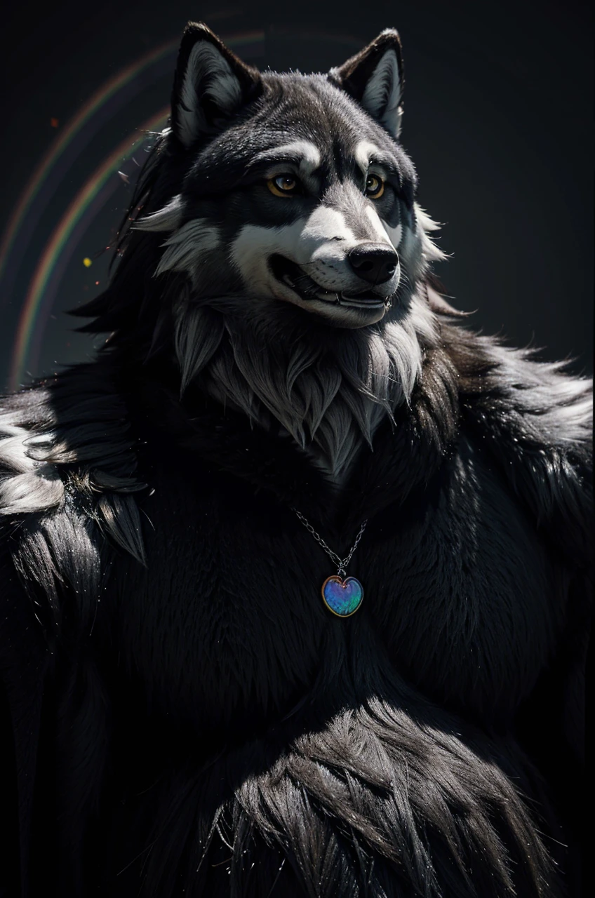 A furry anthropomorphic wolf, men, big, tall, fur color black and white with some rainbow details, drawing style