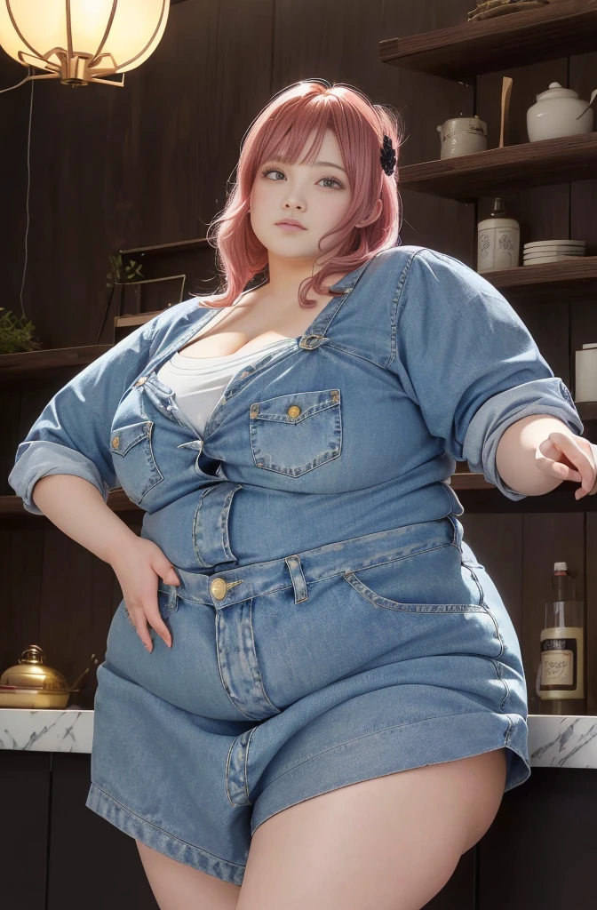 Makima de l'anime "chainsaw man", bbwchan, corps entier, magnifique et ultra détaillée. Ssbbw, obésité morbide, Cheveux rouges, yeux jaunes, visage gras, visage ultra détaillé et doux. Chemise, jupe en jean, pose dynamique, soleil,