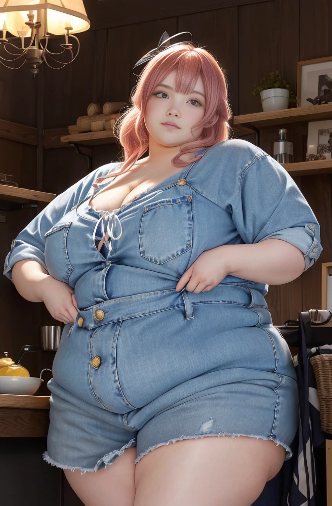 Makima de l'anime "chainsaw man", bbwchan, corps entier, magnifique et ultra détaillée. Ssbbw, obésité morbide, Cheveux rouges, yeux jaunes, visage gras, visage ultra détaillé et doux. Chemise, jupe en jean, pose dynamique, soleil,