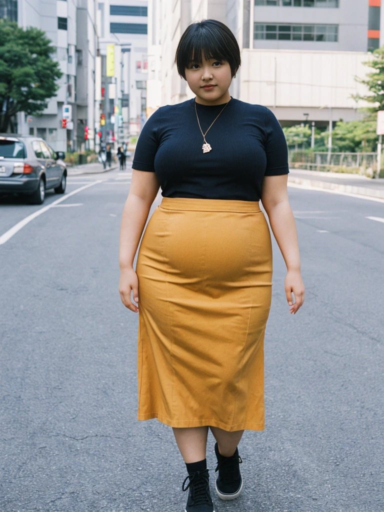 her name is Akira, high quality, 1girl, ((18-year-old chubby JAPANESE woman)), ((18 years old)), (((curvy body))), SHORT BOB, pose: standing, wearing stylish fashionable Generation-Z modern wear different colored, BACKGROUND: outside