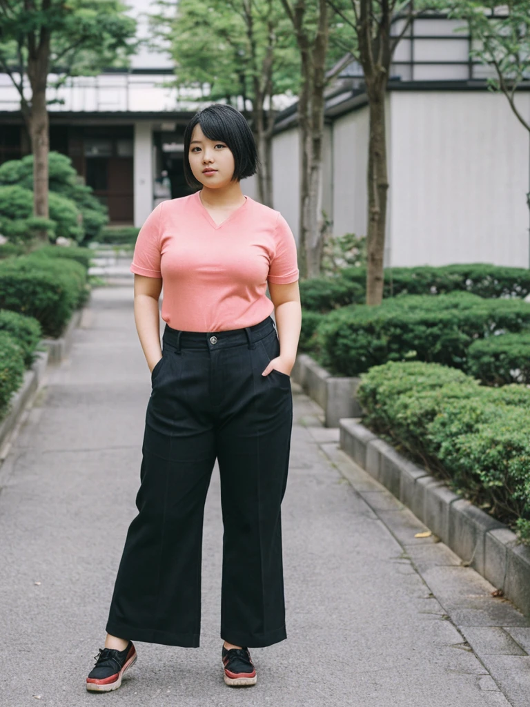 her name is Akira, high quality, 1girl, ((18-year-old chubby JAPANESE woman)), ((18 years old)), (((curvy body))), SHORT BOB, pose: standing, wearing stylish fashionable Generation-Z modern wear different colored, BACKGROUND: outside