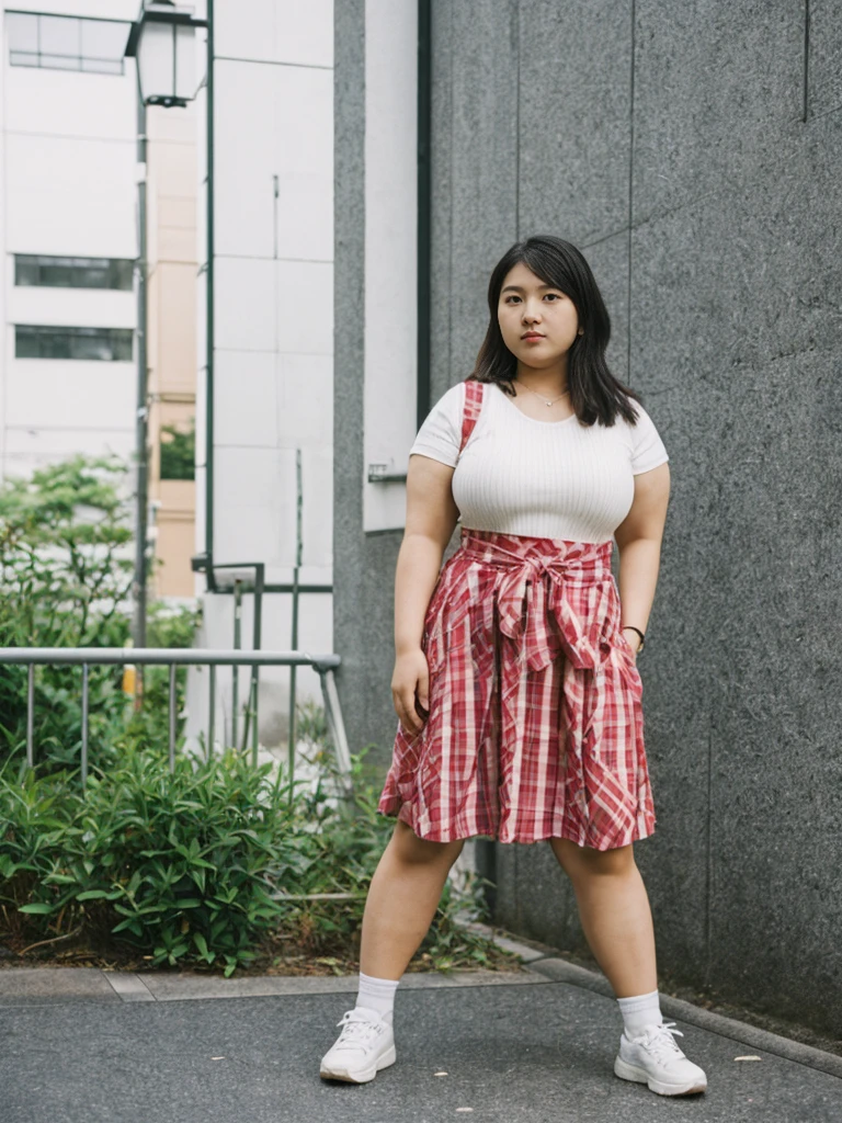 her name is Akira, high quality, 1girl, ((18-year-old chubby JAPANESE woman)), ((18 years old)), (((curvy body))), SHORT BOB, pose: standing, wearing stylish fashionable Generation-Z modern wear different colored, BACKGROUND: outside