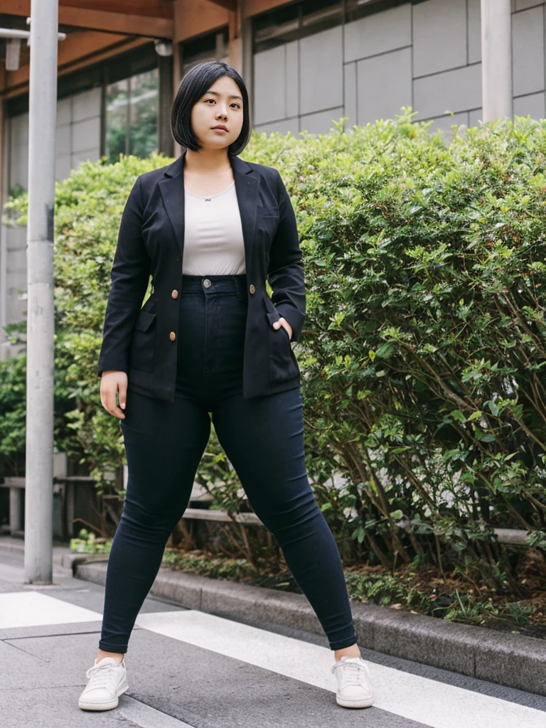 her name is Akira, high quality, 1girl, ((18-year-old chubby JAPANESE woman)), ((18 years old)), (((curvy body))), SHORT BOB, pose: standing, wearing stylish fashionable Generation-Z modern wear different colored, BACKGROUND: outside