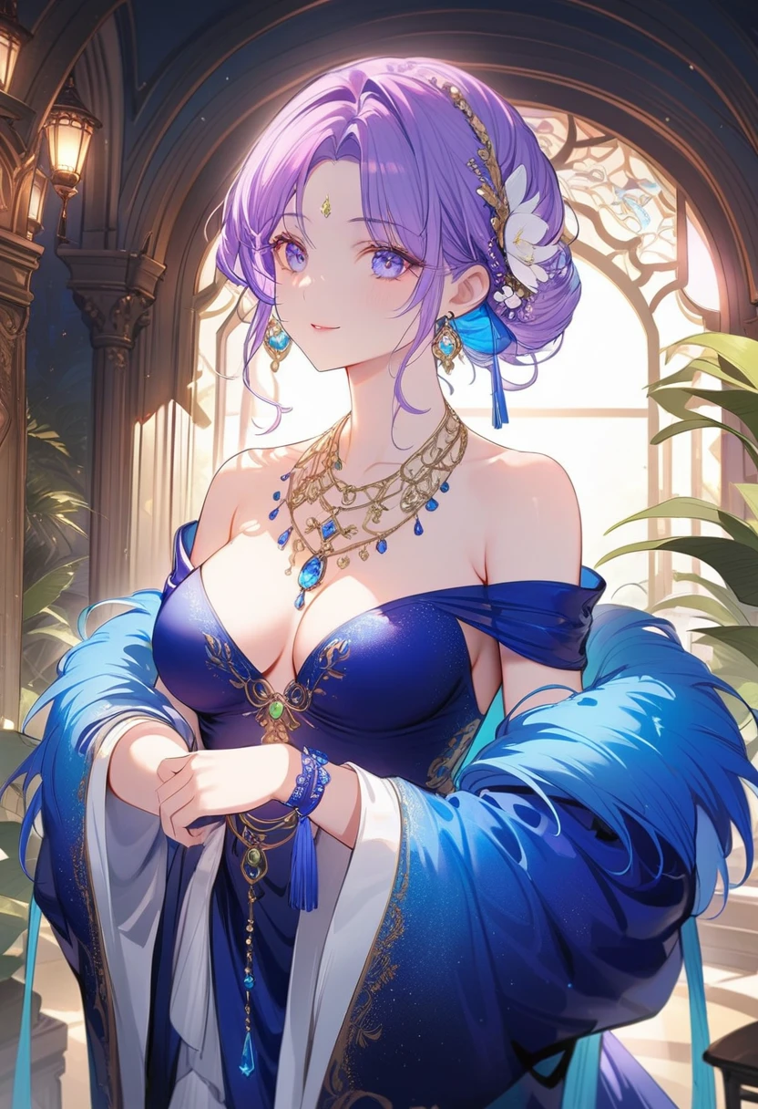 Renoa, blue duster, Blue wristband, Half Body, Smile, Holding the necklace, An unrivalled masterpiece, Ultra-realistic 8k CG, Perfect work of art, posture, 性感posture, Tempting, Clean, Pretty Face, Pure complexion, Pale skin, Intricate details, prestige, Gorgeous, luxurious, Fancy Dance Hall