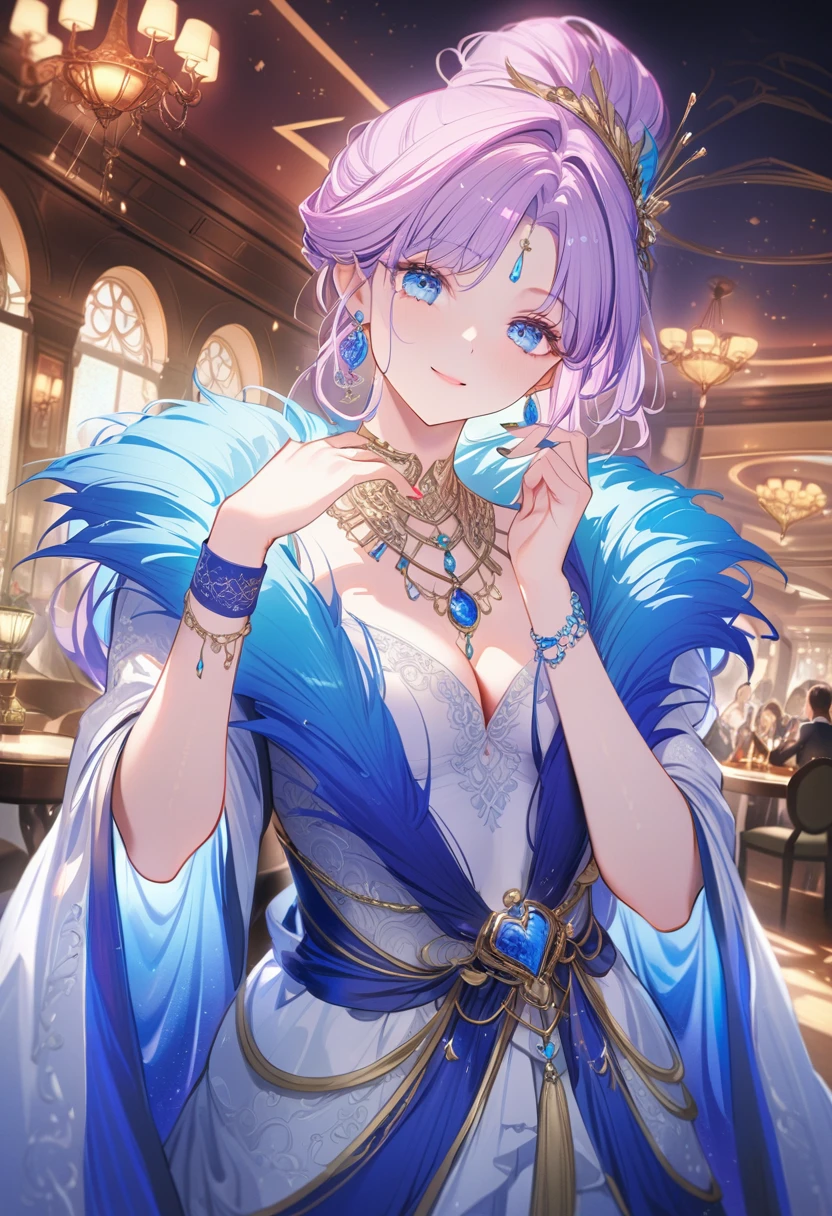 Renoa, blue duster, Blue wristband, Half Body, Smile, Holding the necklace, An unrivalled masterpiece, Ultra-realistic 8k CG, Perfect work of art, posture, 性感posture, Tempting, Clean, Pretty Face, Pure complexion, Pale skin, Intricate details, prestige, Gorgeous, luxurious, Fancy Dance Hall
