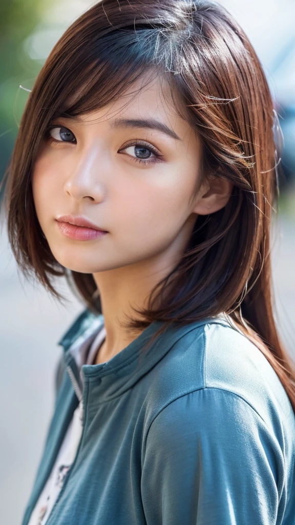 Describe the girl feature such as her age hair colour eye colour facial structure and expression