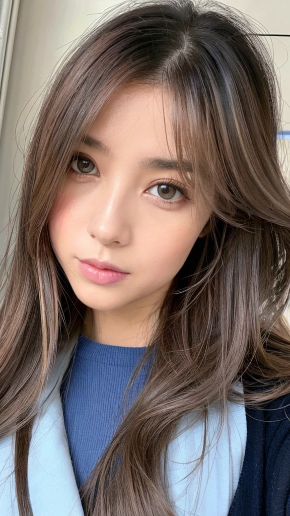 Describe the girl feature such as her age hair colour eye colour facial structure and expression