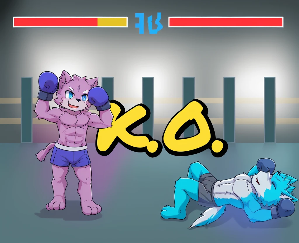 highres, absurdres(highly detailed beautiful face and eyes)perfect ???????(kemono, furry anthro)(super handsome 2boys, pair)good lighting, cinematic shadow, detailed background, User Interface of Fighting game, dots game, pixel art, dungeon, Crisis, assorted poses, assorted expression, full body, sound effects, motion blur, from side, ((blue wolf, reddish-brown fur, gray shorts, knocked out on the floor)), (((purple wolf, green shorts, arms raised in victory))) “VS”