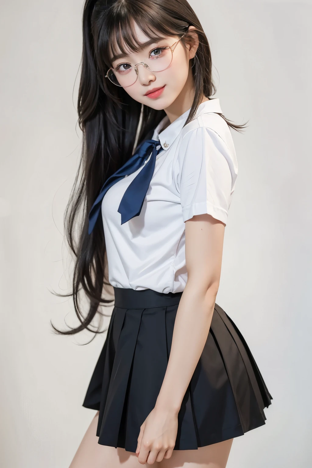 (Best quality, masterpiece, detailed), (RAW, 4k, hd images), 1 girl, 17 years old, white skin, long hair, ponytail, layers hair, bangs, black hair, beautiful girl, cute girl, sweet girl, pretty girl, perfect girl, perfect body, pretty eyes, blue eyes, thin lips, (eye line, lip soft), perfect round breast, glasses(detailed frame), simple background, smile, thigh, legs, school uniforms, full body, standing facing camera, random angle capture