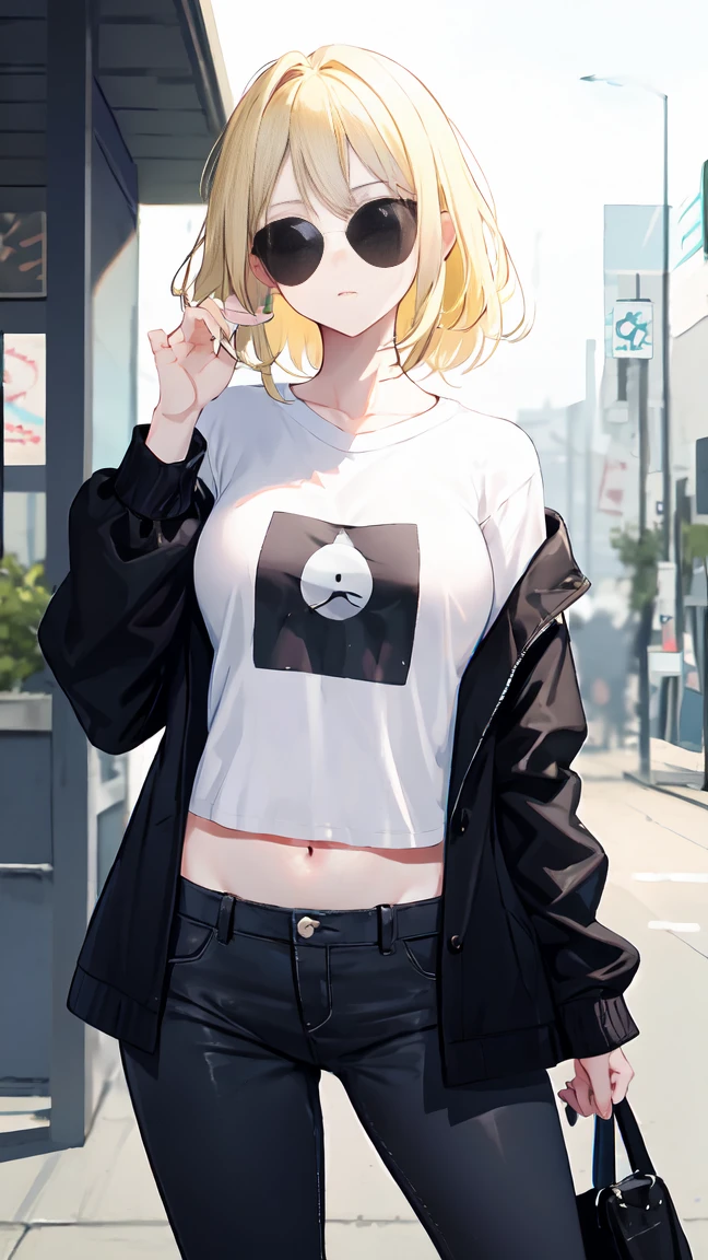 blonde woman, with fashionable black sunglasses, with a long-sleeved shirt, with her navel visible, with dark gray pants