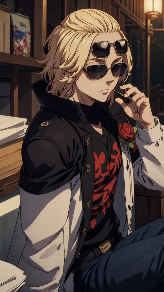 Manjiro Sano, usando uma jaqueta preta, with sunglasses