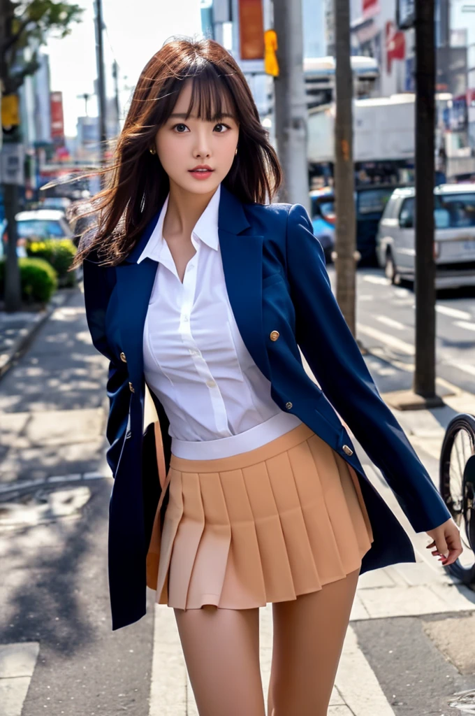 a 16 year old girl, she is the most beautiful actress in the world, the perfect body proportions of this girl, the skin of her upper body with it's large breasts are unexposed 100%, the blazer is firmly covering the waist area of shirt, it's hard for the short skirt to hide the crotch area between her bare legs, the things she wears are formal, it's only one description of one body, it's from right above her head to shins below her knees are just within this frame, all her body is looking forward to viewer of this, she is standing at the city street, nsfw, best quality, highly detailed, masterpiece, ultra high res, photo realistic, 8k, RAW photo
