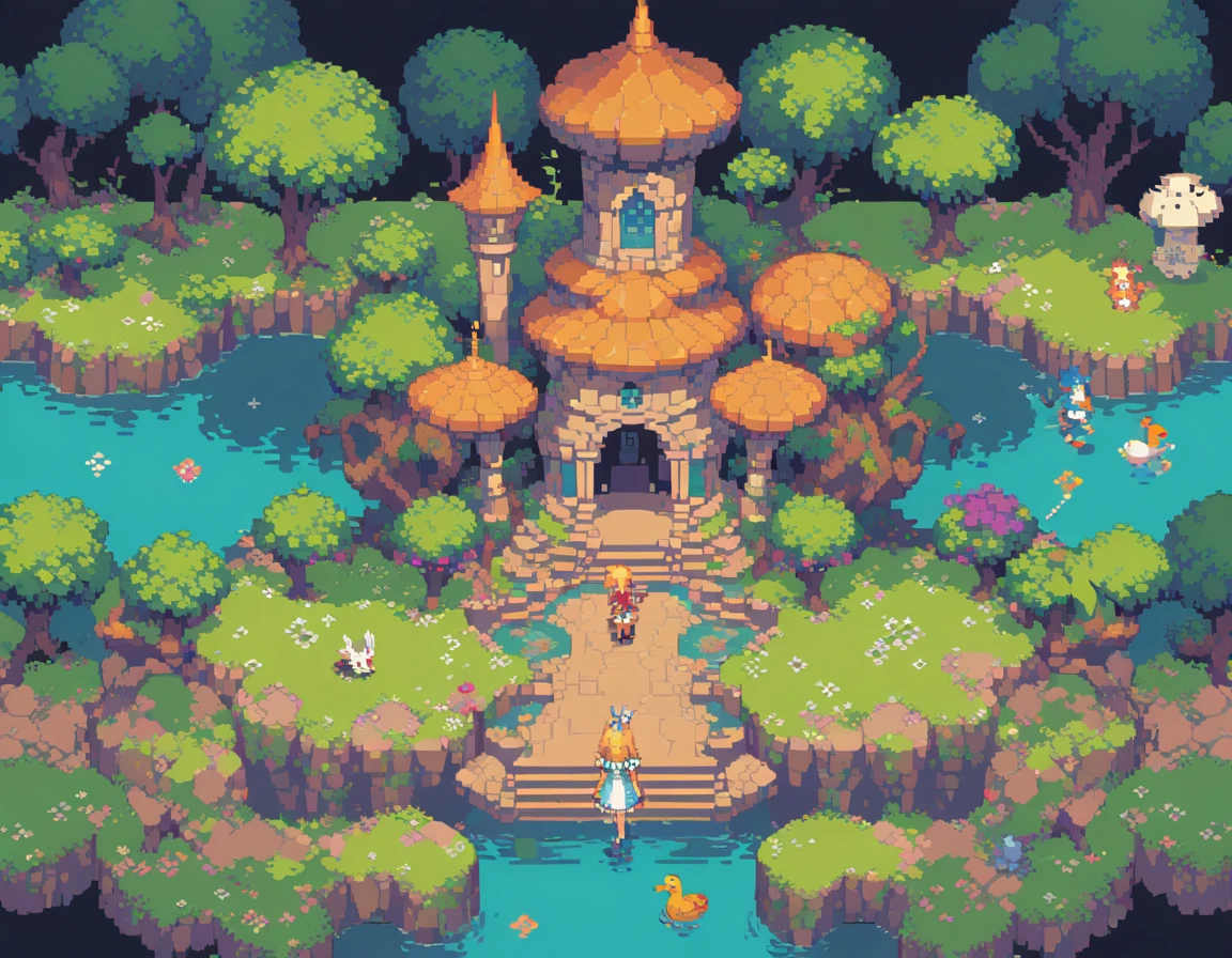 Pixel Art,Pixelated,8 bit,Retro game,Vibrant colors,Retro Style,Pixel animation,Low resolution,Alice's Adventures in Wonderland,Dark Style,A pond formed by blood