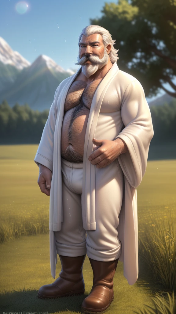 Gandalf, (pose:Full Body Shot), (posing:Full Body Shot), (soft shading), (((4k, hi res, Ray tracing))), ((((extreme detailed sweat drops, glistening, glistening body))), (((five fingers, detailed hands))), ((detailed face, (detailed eyes:1.0), detailed)), by zackarry911, by zaush, (by personalami:0.5), looking at viewer, (((happy,wise eyes))), (((old and wise))), 1boy, (((Highly detailed hair))), standing,(((standing,ashamed))),((( Mustache,body hair, beard))),(((dad bod))) ,male focus, white hair, (((handsome))), nature, // ((human)),(((white Robe,longpant, brown boot))),((Human, looking at viewer)),((grassy field background, lens blur, lens flare)),
