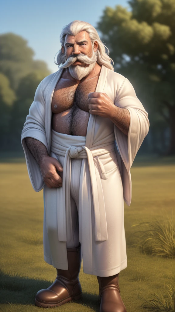 Gandalf, (pose:Full Body Shot), (posing:Full Body Shot), (soft shading), (((4k, hi res, Ray tracing))), ((((extreme detailed sweat drops, glistening, glistening body))), (((five fingers, detailed hands))), ((detailed face, (detailed eyes:1.0), detailed)), by zackarry911, by zaush, (by personalami:0.5), looking at viewer, (((happy,wise eyes))), (((old and wise))), 1boy, (((Highly detailed hair))), standing,(((standing,ashamed))),((( Mustache,body hair, beard))),(((dad bod))) ,male focus, white hair, (((handsome))), nature, // ((human)),(((white Robe,longpant, brown boot))),((Human, looking at viewer)),((grassy field background, lens blur, lens flare)),