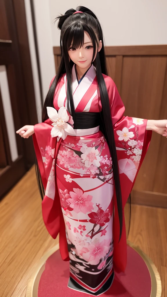 Sakura Wars Jinguji Sakura Full body figure Long black hair Ponytail Large ribbon Sakura patterned kimono