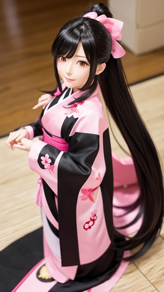 Sakura Wars Jinguji Sakura Full body figure Long black hair Ponytail Large ribbon Sakura patterned kimono