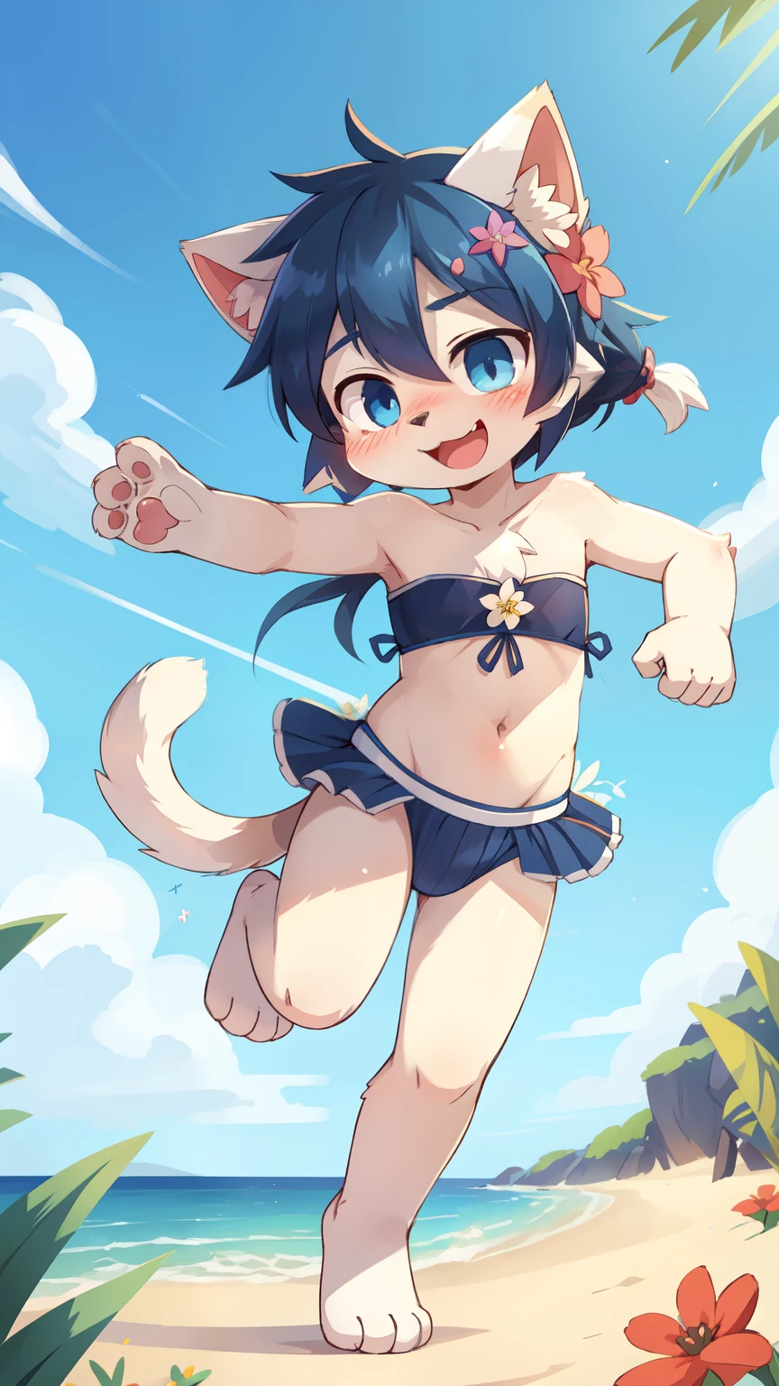 score_9,score_8_up,score_7_up, source_cartoon, source_furry, cat boy, cat tail, dark blue hair, hair over one eye, high long ponytail with volume,spike side hair, furry, blush, looking at viewer, smile, 1boy, cat ears, furry male, white body fur, ((flower on hair, dark blue strapless fringed bandeau bikini)), beach, clear sky, blue eyes, blush, :3, navel, femboy, cute, furry, solo, v, open mouth, smile, looking at viewer, leg up, navel, male focus, 1boy, furry boy, full body, feets with three toes, 3 toes, feet towards viewer, from above, dynamic action shot, speed lines, motion blur, Birds Eye view, fight, kick action, pawpads,
