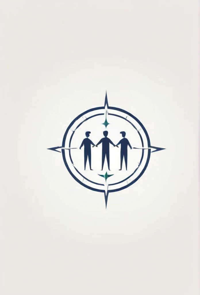 A logo for an investment company. A logo of small people standing with their arms around each other. It expresses the meaning of friends. A small compass is drawn in the center. It is a very cool, chic, and modern design. The background is white.