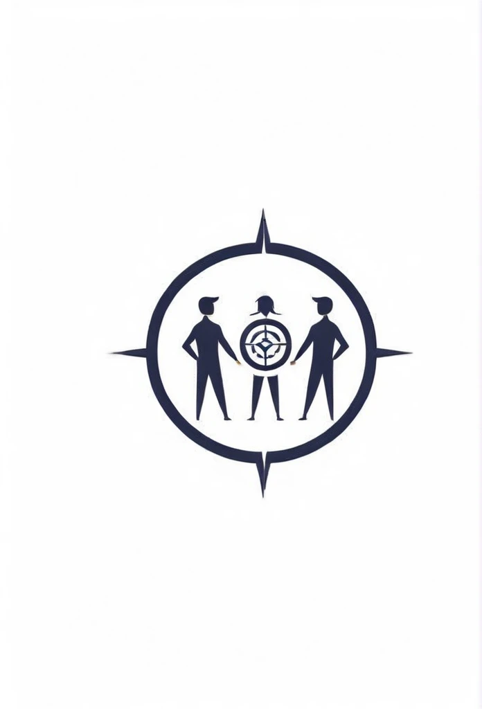 A logo for an investment company. A logo of small people standing with their arms around each other. It expresses the meaning of friends. A small compass is drawn in the center. It is a very cool, chic, and modern design. The background is white.