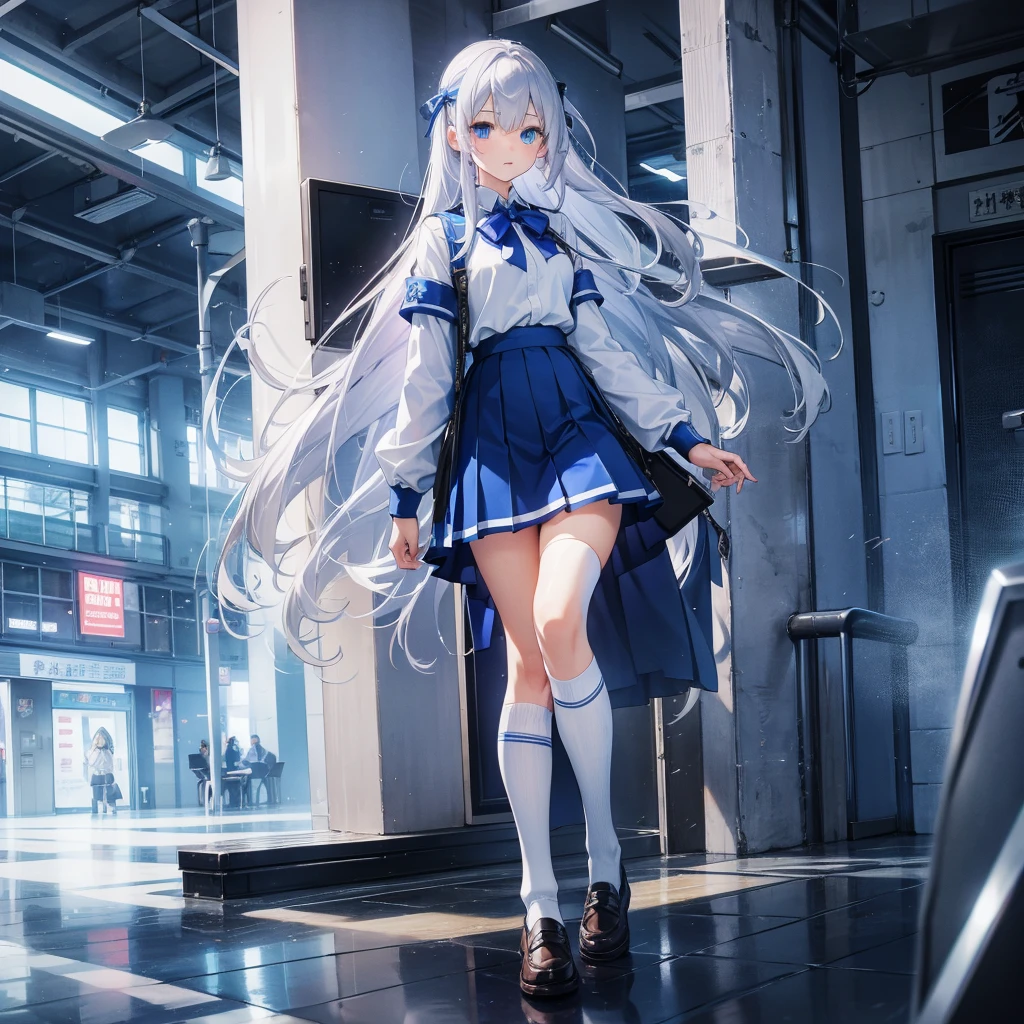 Silver Hair、Blue Eyes、Beautiful high school girl。uniform、Knee socks、