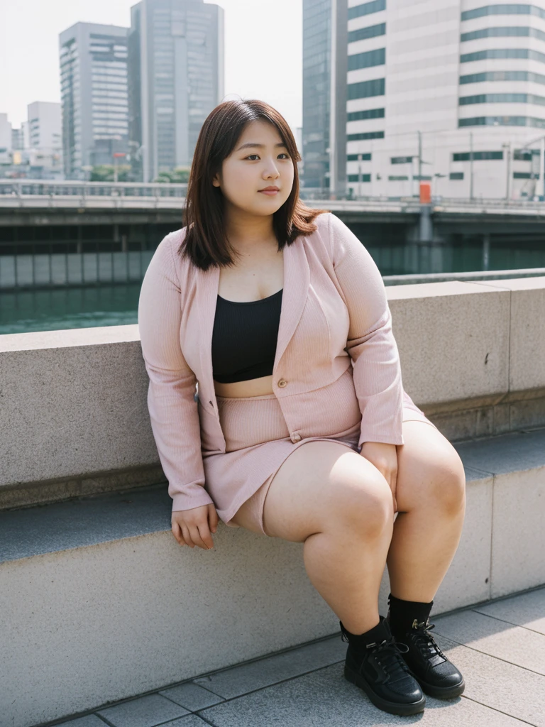 her name is Akira, high quality, 1girl, ((18-year-old chubby JAPANESE woman)), ((18 years old)), (((curvy body))), SHORT BOB, pose: sitting, wearing stylish fashionable Generation-Z modern wear different colored, BACKGROUND: city