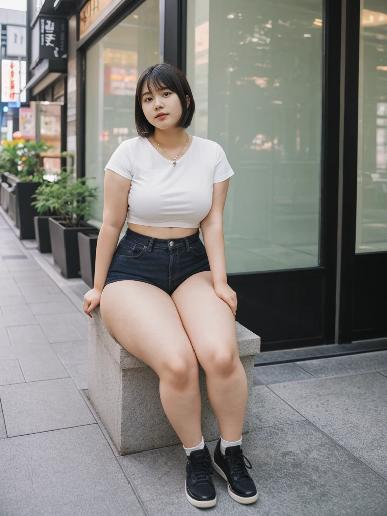 her name is Akira, high quality, 1girl, ((18-year-old chubby JAPANESE woman)), ((18 years old)), (((curvy body))), SHORT BOB, pose: sitting, wearing stylish fashionable Generation-Z modern wear different colored, BACKGROUND: city