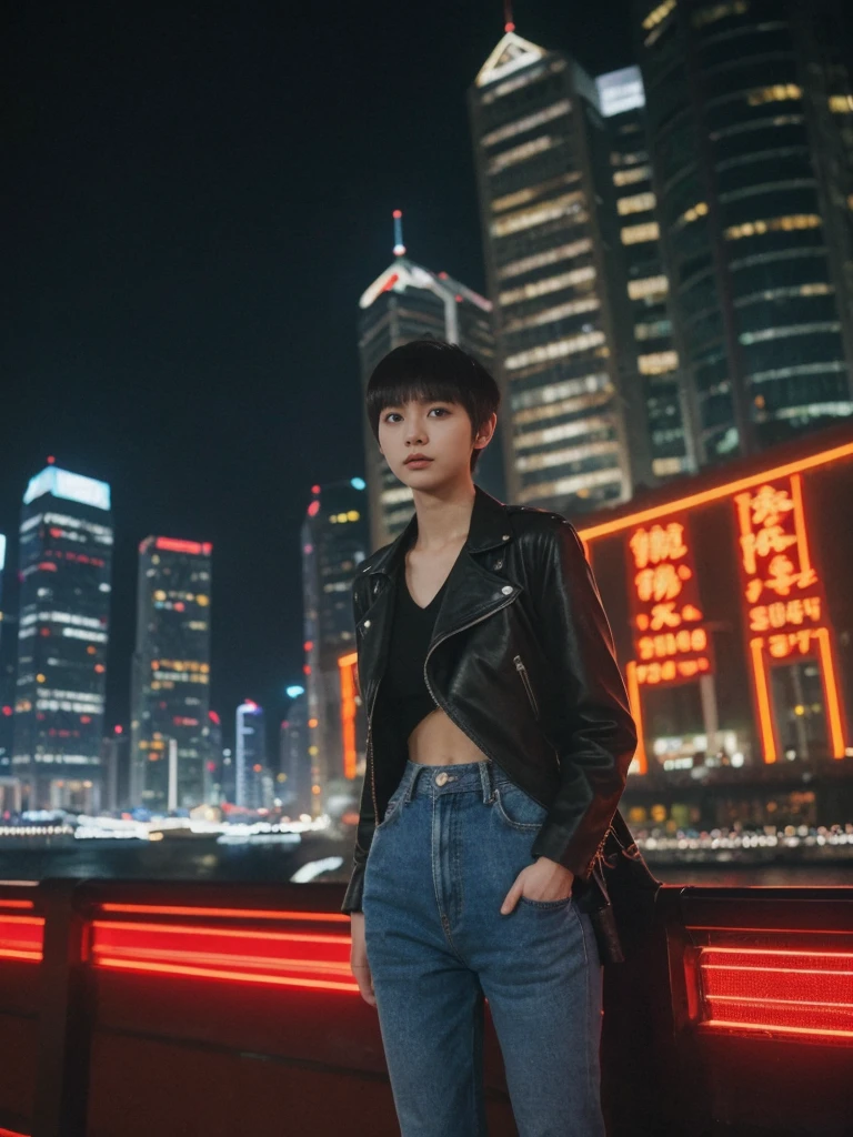 her name is Asako, high quality, 1girl, ((20-year-old fit Caucasian woman)), ((20 years old)), ((slim)), ((Edgy Bowl Cut hair)), pose: standing, wearing edgy Generation-Z modern wear bright colored, BACKGROUND:At the Tsim Sha Tsui Promenade, with stunning views of the Victoria Harbor and the Symphony of Lights show