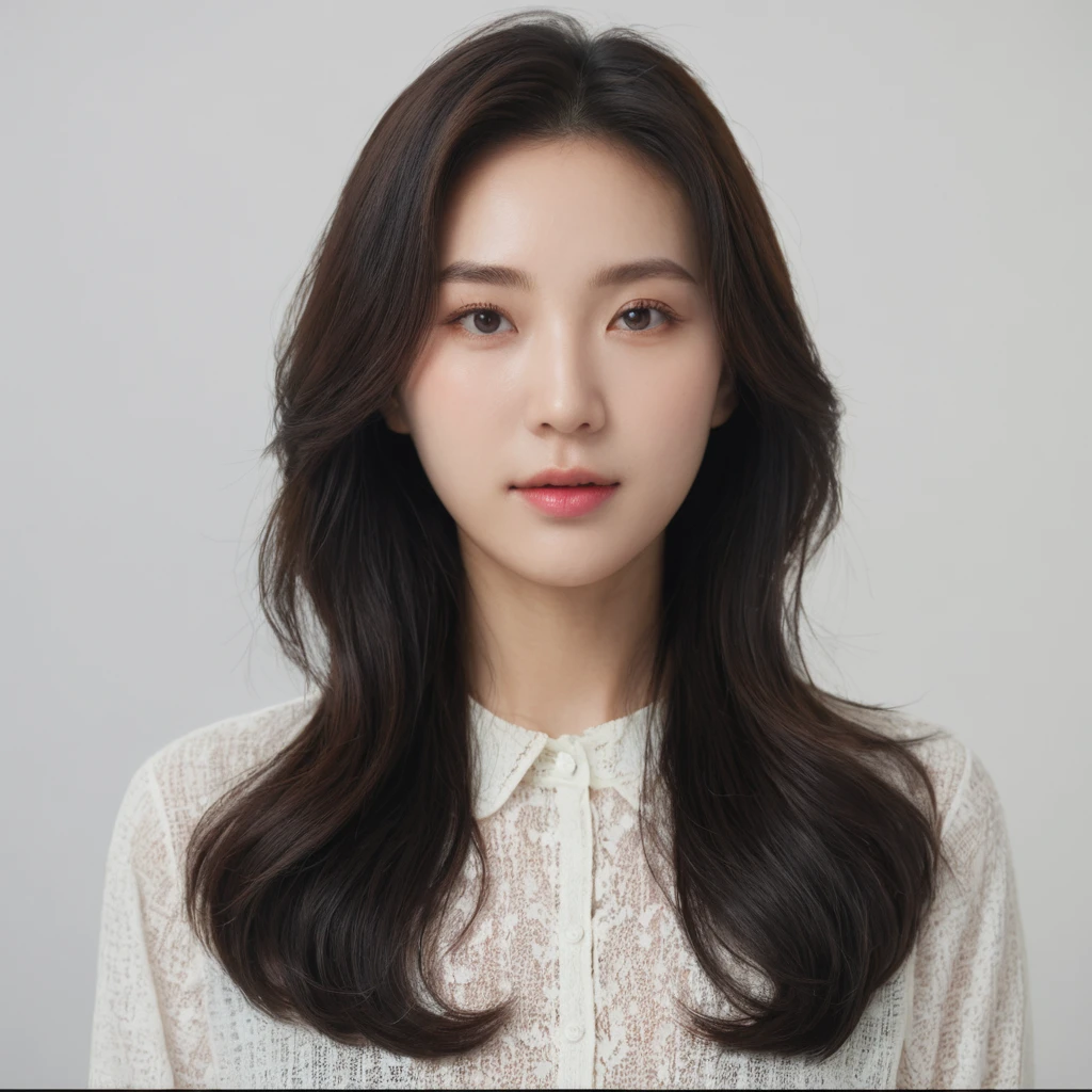 Best Quality, 8k, Masterpiece, (Portrait: 1.3), (photo realistic:1.4), (hyper realistic:1.4), Sharp Focus, looking at viewer, (smoother lighting:1.1), (increase cinematic lighting quality:0.9), realistic lighting, backlighting, light on face, ray trace, (brightening light:1.2), (Increase quality:1.4), sharp detail, (best quality real texture skin:1.4), finely detailed eyes, black_eyes, finely detailed face, 25 year old Korean woman, (white formal_shirt:1.4), (Create an image maintaining the original base model hairstyle:1.5)