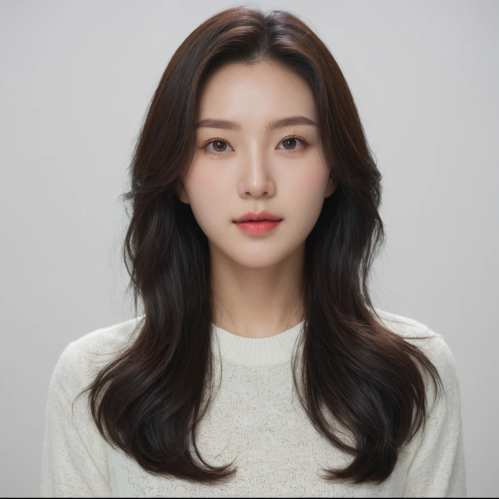 Best Quality, 8k, Masterpiece, (Portrait: 1.3), (photo realistic:1.4), (hyper realistic:1.4), Sharp Focus, looking at viewer, (smoother lighting:1.1), (increase cinematic lighting quality:0.9), realistic lighting, backlighting, light on face, ray trace, (brightening light:1.2), (Increase quality:1.4), sharp detail, (best quality real texture skin:1.4), finely detailed eyes, black_eyes, finely detailed face, 25 year old Korean woman, (white formal_shirt:1.4), (Create an image maintaining the original base model hairstyle:1.5)