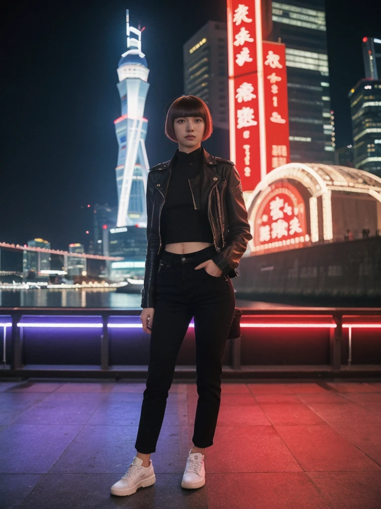 her name is Asako, high quality, 1girl, ((20-year-old fit Caucasian woman)), ((20 years old)), ((slim)), ((Edgy Bowl Cut hair)), pose: standing, wearing edgy Generation-Z modern wear bright colored, BACKGROUND:At the Tsim Sha Tsui Promenade, with stunning views of the Victoria Harbor and the Symphony of Lights show