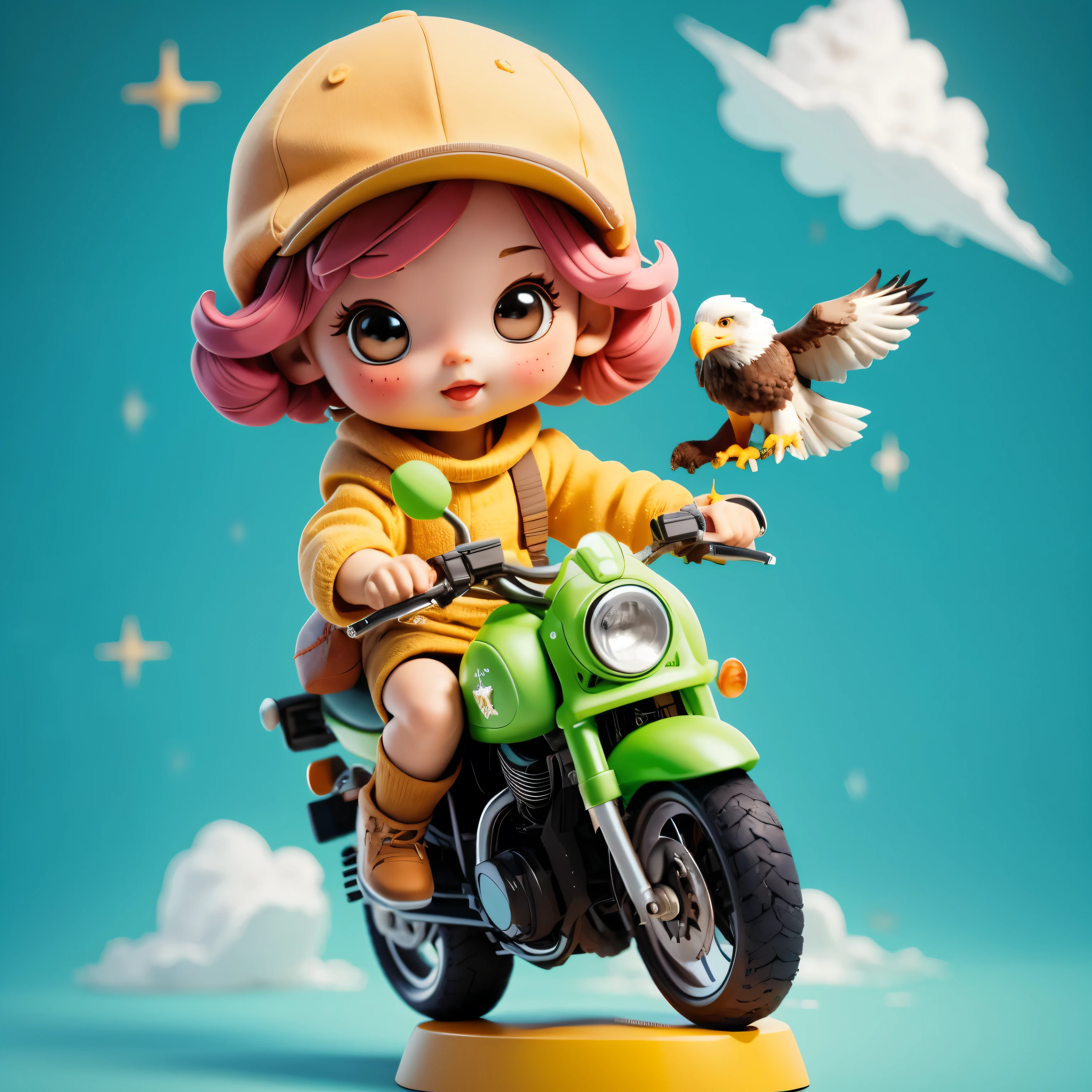 Photorealistic、Chibi Girl Doll（A  flying through the sky on the back of an eagle）