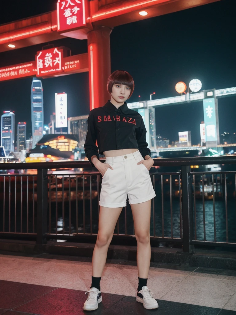 her name is Asako, high quality, 1girl, ((20-year-old fit Caucasian woman)), ((20 years old)), ((slim)), ((Edgy Bowl Cut hair)), pose: standing, wearing edgy Generation-Z modern wear bright colored, BACKGROUND:At the Tsim Sha Tsui Promenade, with stunning views of the Victoria Harbor and the Symphony of Lights show