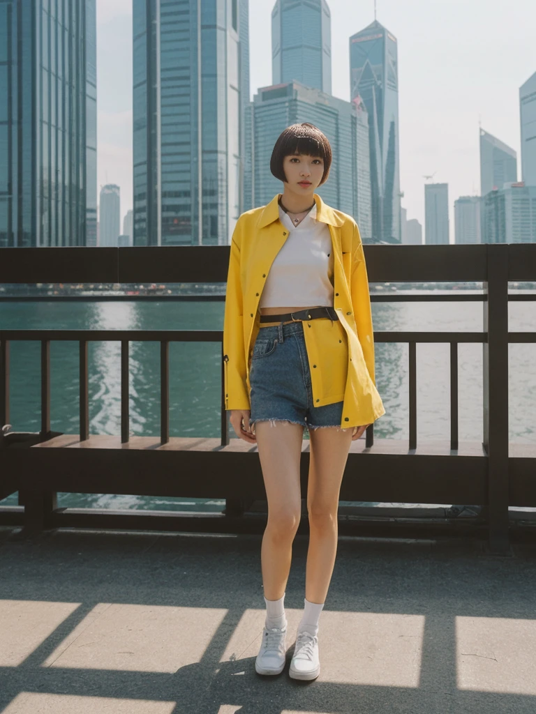 her name is Asako, high quality, 1girl, ((20-year-old fit Caucasian woman)), ((20 years old)), ((slim)), ((Edgy Bowl Cut hair)), pose: standing, wearing edgy Generation-Z modern wear bright colored, BACKGROUND:At the Tsim Sha Tsui Promenade, with stunning views of the Victoria Harbor and the Symphony of Lights show