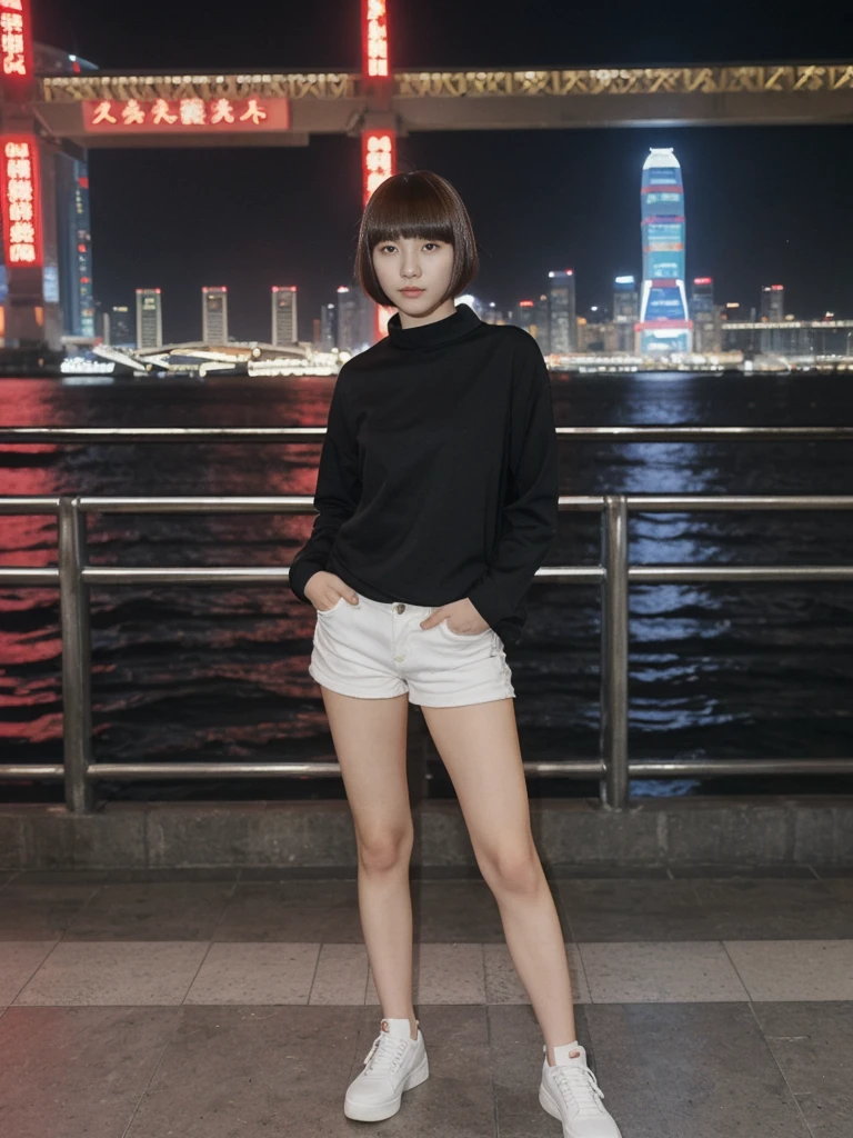 her name is Asako, high quality, 1girl, ((20-year-old fit Caucasian woman)), ((20 years old)), ((slim)), ((Edgy Bowl Cut hair)), pose: standing, wearing edgy Generation-Z modern wear bright colored, BACKGROUND:At the Tsim Sha Tsui Promenade, with stunning views of the Victoria Harbor and the Symphony of Lights show