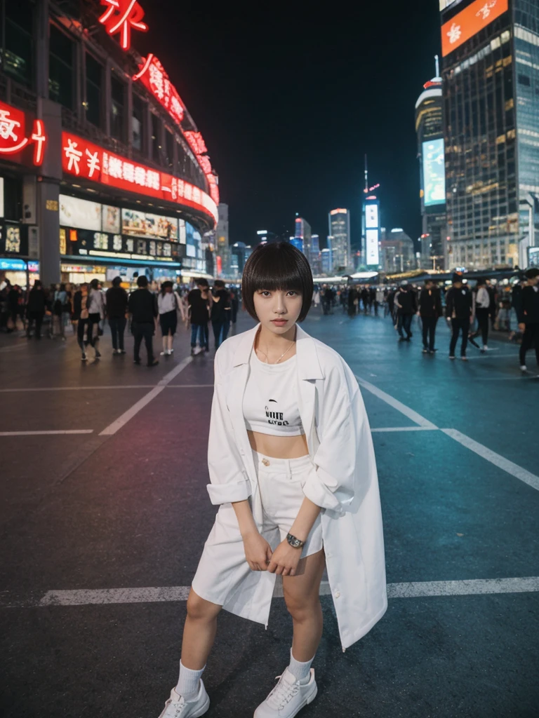 her name is Asako, high quality, 1girl, ((20-year-old fit Caucasian woman)), ((20 years old)), ((slim)), ((Edgy Bowl Cut hair)), pose: standing, wearing edgy Generation-Z modern wear bright colored, BACKGROUND:At the Tsim Sha Tsui Promenade, with stunning views of the Victoria Harbor and the Symphony of Lights show