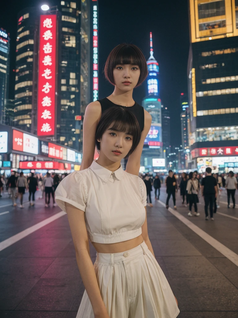 her name is Asako, high quality, 1girl, ((20-year-old fit Caucasian woman)), ((20 years old)), ((slim)), ((Edgy Bowl Cut hair)), pose: standing, wearing edgy Generation-Z modern wear bright colored, BACKGROUND:At the Tsim Sha Tsui Promenade, with stunning views of the Victoria Harbor and the Symphony of Lights show