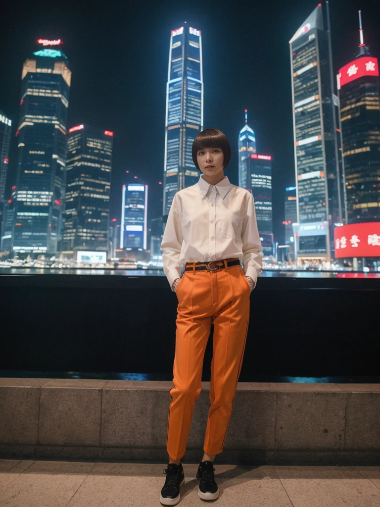 her name is Asako, high quality, 1girl, ((20-year-old fit Caucasian woman)), ((20 years old)), ((slim)), ((Edgy Bowl Cut hair)), pose: standing, wearing edgy Generation-Z modern wear bright colored, BACKGROUND:At the Tsim Sha Tsui Promenade, with stunning views of the Victoria Harbor and the Symphony of Lights show