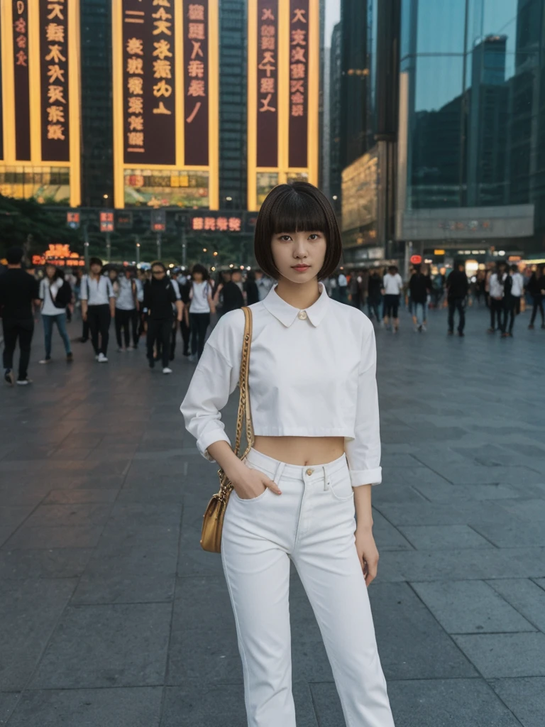 her name is Asako, high quality, 1girl, ((20-year-old fit Caucasian woman)), ((20 years old)), ((slim)), ((Edgy Bowl Cut hair)), pose: standing, wearing edgy Generation-Z modern wear bright colored, BACKGROUND:At the Tsim Sha Tsui Promenade, with stunning views of the Victoria Harbor and the Symphony of Lights show