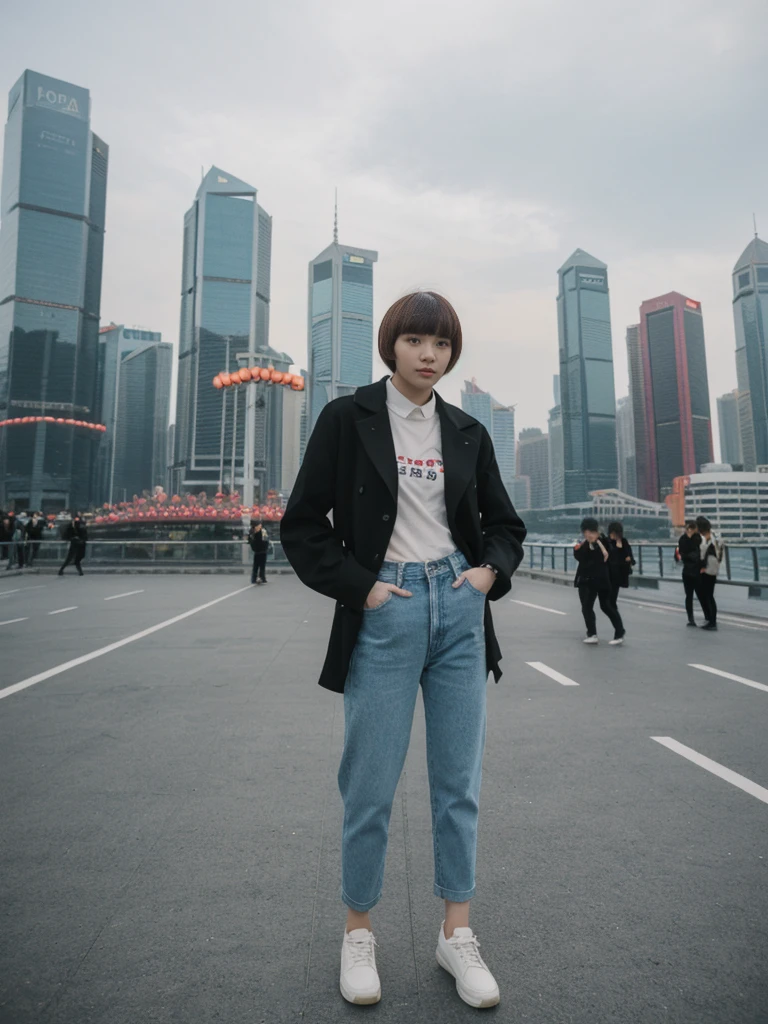 her name is Asako, high quality, 1girl, ((20-year-old fit Caucasian woman)), ((20 years old)), ((slim)), ((Edgy Bowl Cut hair)), pose: standing, wearing edgy Generation-Z modern wear bright colored, BACKGROUND:At the Tsim Sha Tsui Promenade, with stunning views of the Victoria Harbor and the Symphony of Lights show