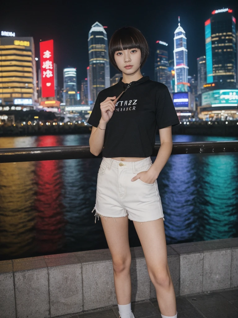 her name is Asako, high quality, 1girl, ((20-year-old fit Caucasian woman)), ((20 years old)), ((slim)), ((Edgy Bowl Cut hair)), pose: standing, wearing edgy Generation-Z modern wear bright colored, BACKGROUND:At the Tsim Sha Tsui Promenade, with stunning views of the Victoria Harbor and the Symphony of Lights show